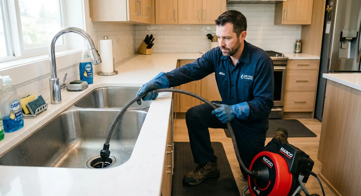 Drain cleaning technician using a motorized snake on a kitchen sink in North College Hill
