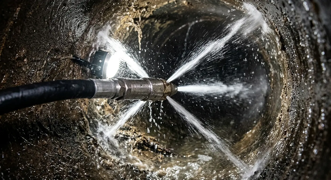 High-pressure hydro jetting nozzle cleaning sewer pipe for Storm Drain Cleaning in North College Hill