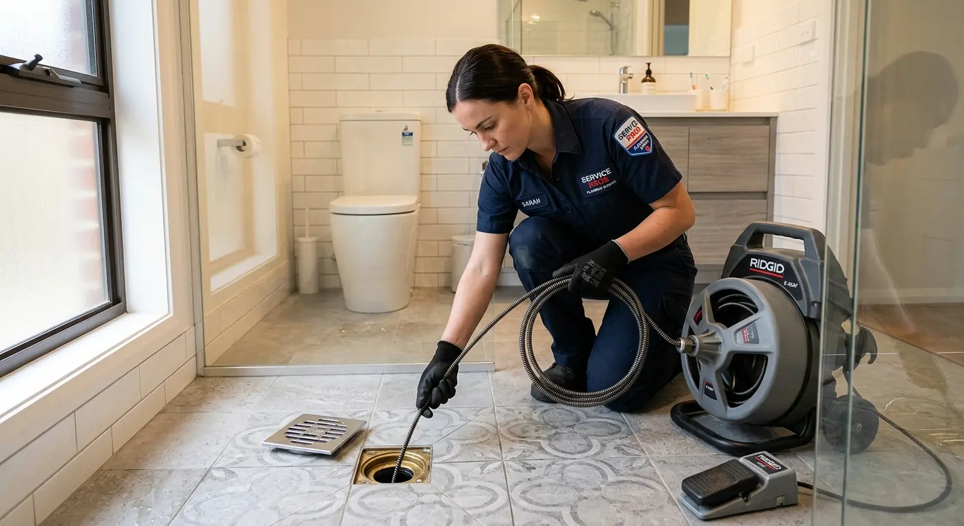 Technician clearing a bathroom floor drain for Sewer Line Replacement in North College Hill